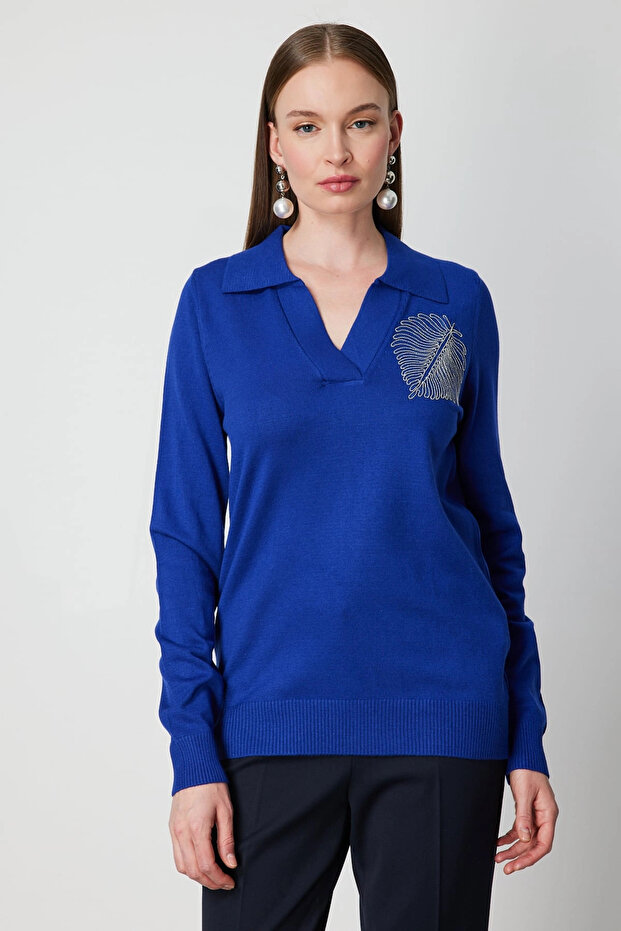 Women's Shoulder Leaf Chain Cobalt Blue Sweater 65334