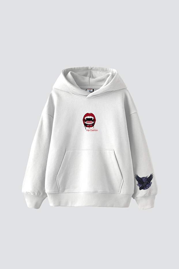 Her Damon Printed Oversize Unisex White Hoodie