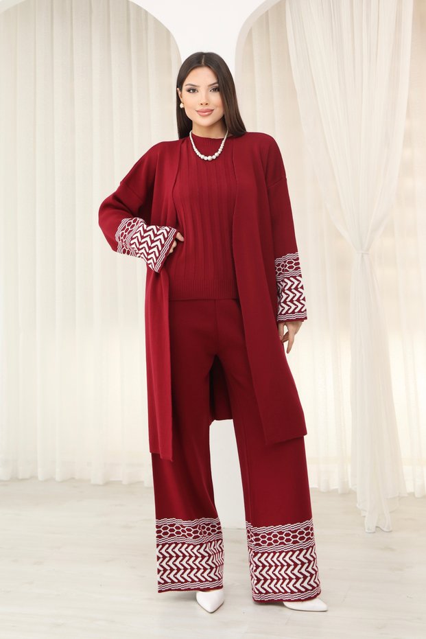 Round Neck Sleeveless Badi U Long Sleeve Midi Length Cardigan Elastic Waist Piped Leg Pants Knitwear Three-Piece Set
