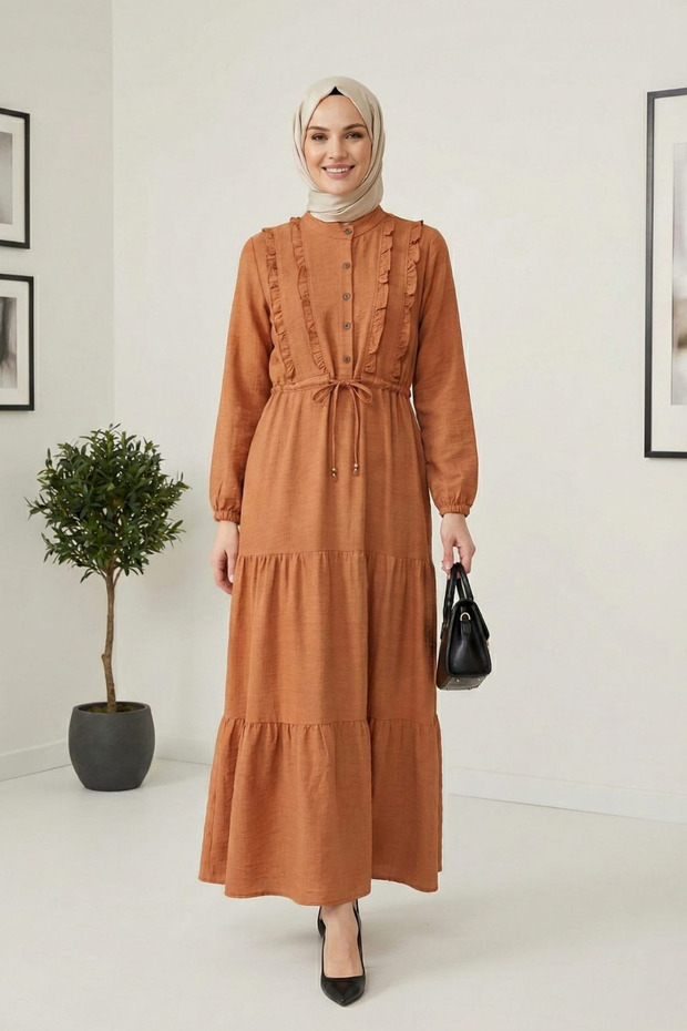Women's Ruffle Detailed Buttoned Linen Orange Dress