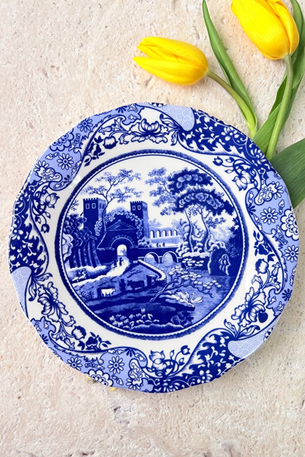 Carbon Blue 6-Person 27 cm Special Design Premium Porcelain Serving Plate Set with Blue Painting Pattern