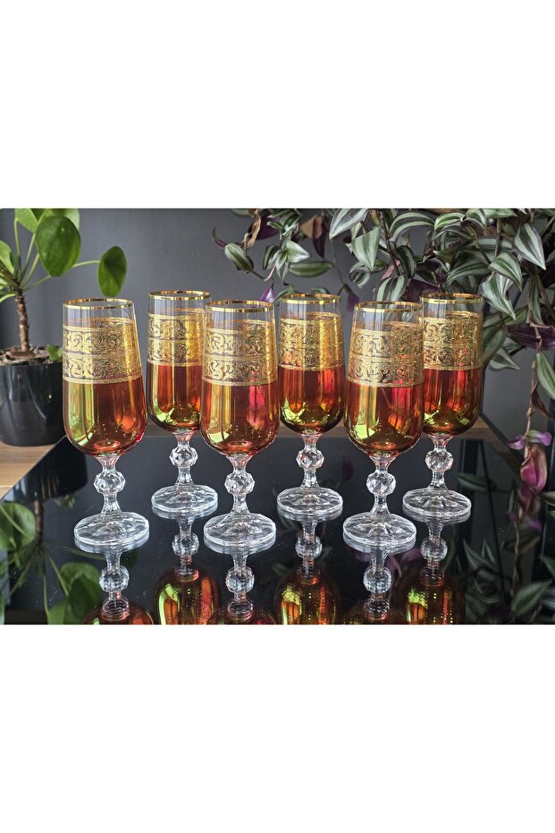 Handmade Crystal Alda Red 24K Gold Engraved 6-Piece Presentation Coffee Water Glass 180Cc