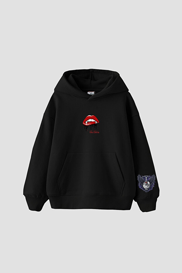 His Elena Printed Oversize Unisex Black Hoodie