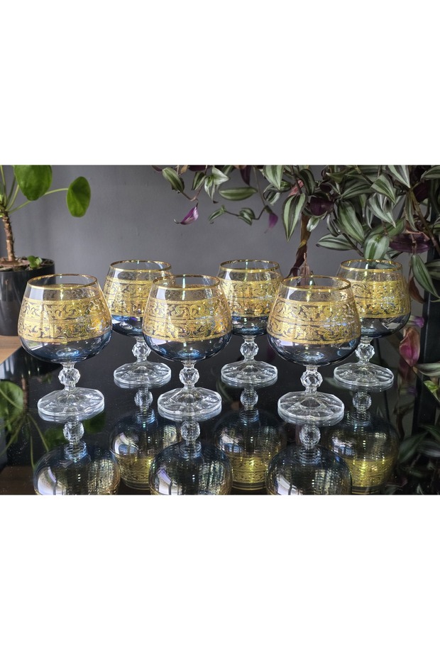 Handmade Crystal Alda Blue Lustered 24K Gold Engraved 6-Piece Serving Set Coffee Side Water Glass 250Cc