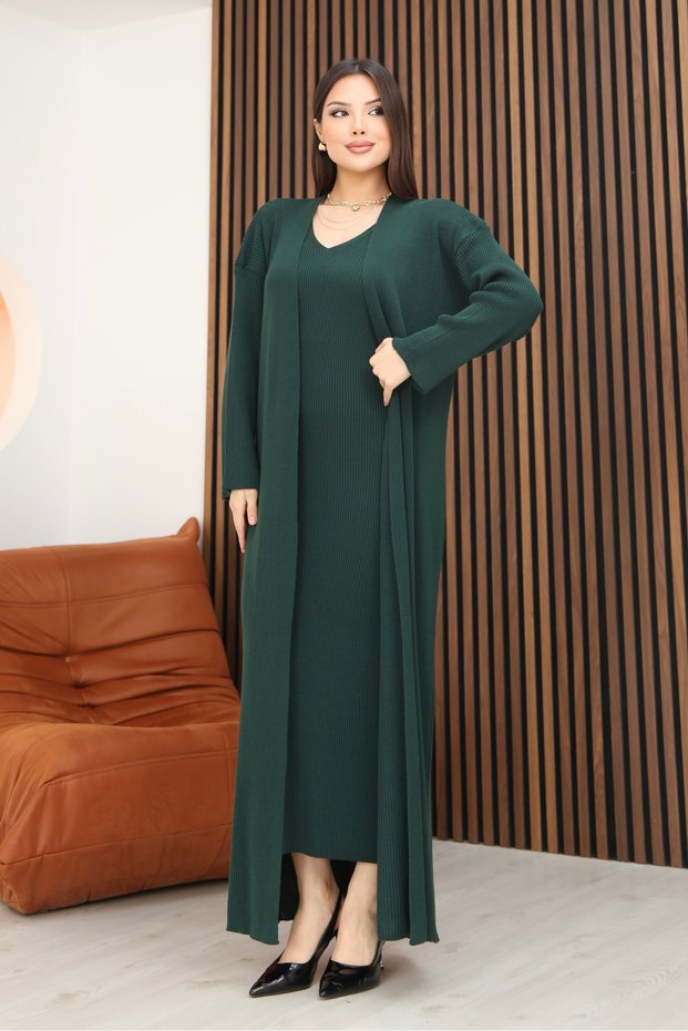 V-Neck Thin Straps Ribbed Ankle-Length Dress U Shawl Collar Long Sleeve Ankle-Length Cardigan Knitwear Two-Piece Set