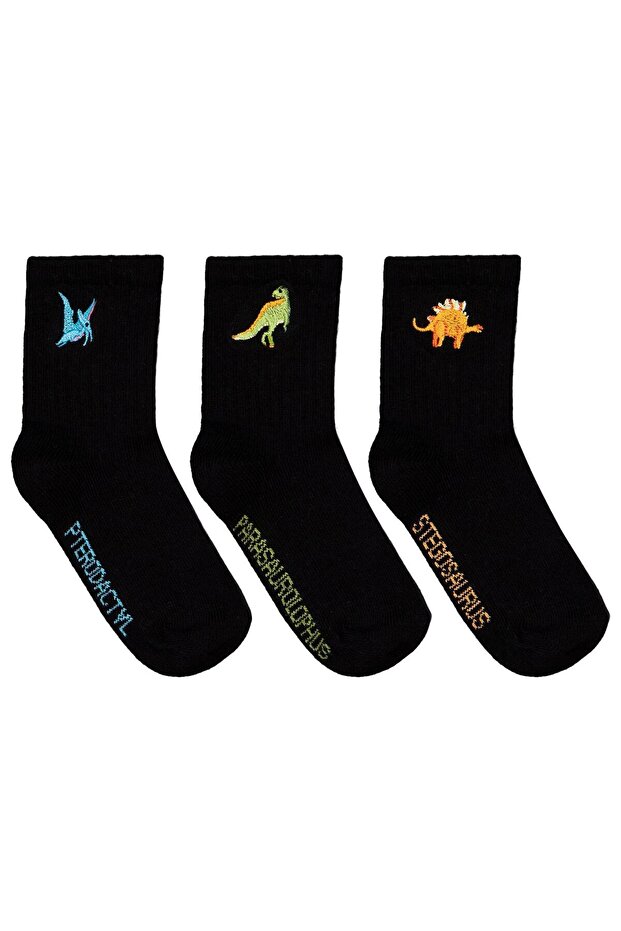 Dinosaur Embroidery 3-Piece Socks for Boys 2-12 Years - Standard 8-9 Years
