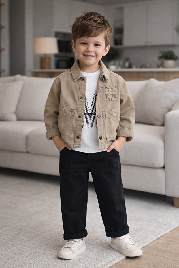 Mackays 3 Piece 100% Cotton Beige Canvas Jacket Boy's Set Black Pants Modern Stylish Combination