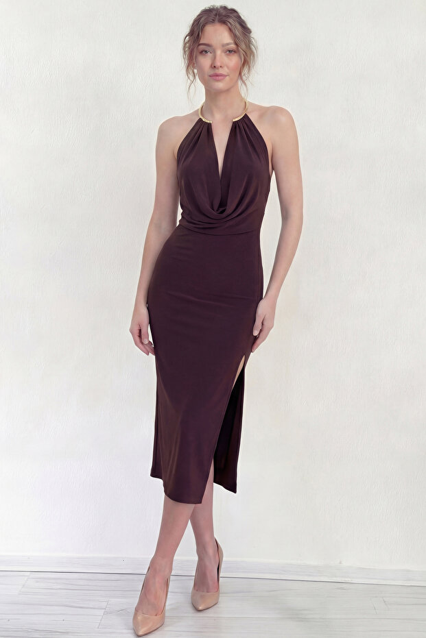 Women's Accessory Detailed Collar Slit Midi Dress Brown, Black
