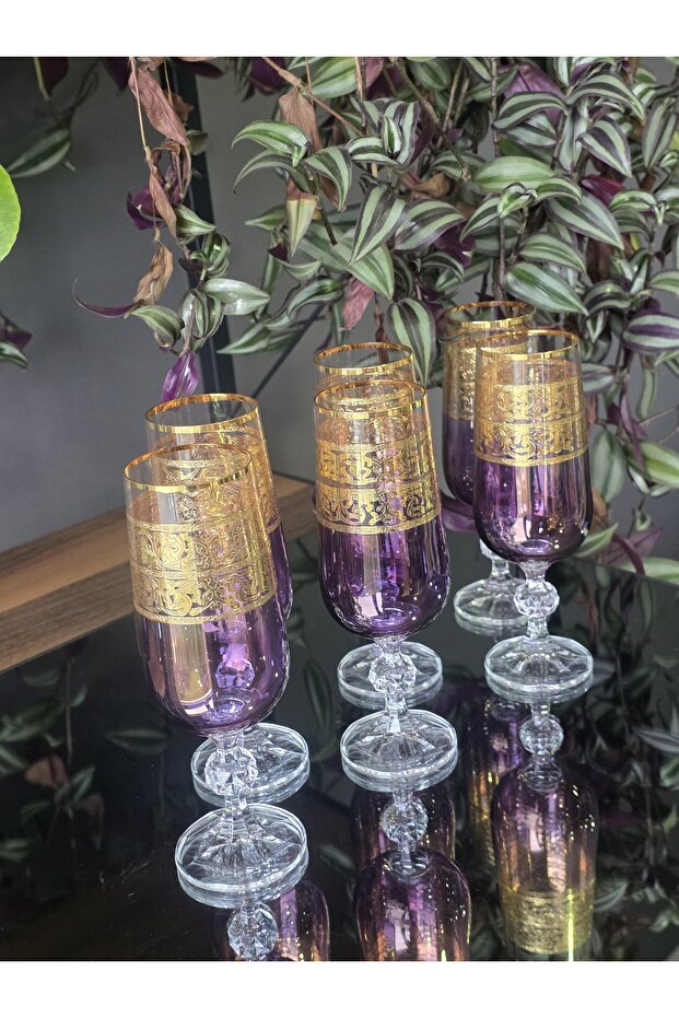 Handmade Crystal Alda Purple Lustered 24K Gold Engraved 6-Piece Serving Set Coffee Side Water Glass 180Cc