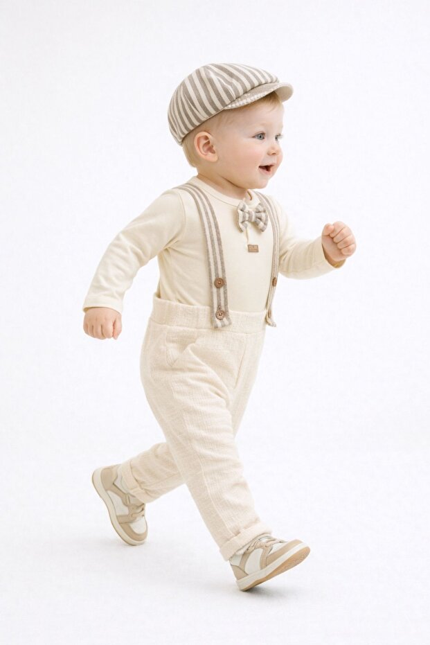 Baby Boy Holiday Set, Suspender Pants, Long Sleeve Bodysuit, Hat Outfit
