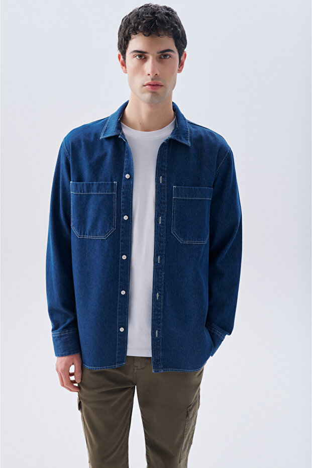 Men's Indigo Regular Fit Double Pocket Long Sleeve Jean Shirt