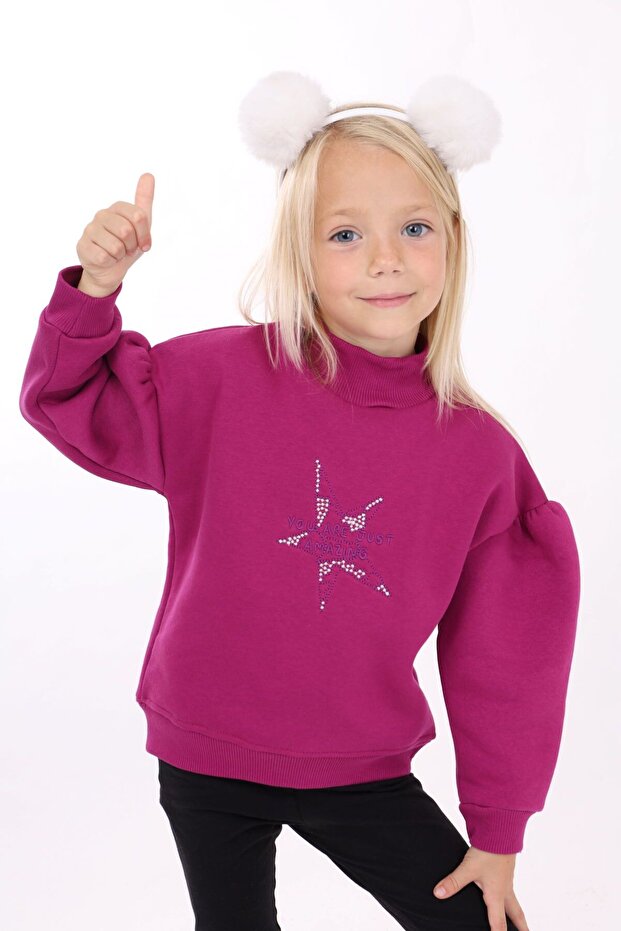 Girl's Relax Fit High Neck Drop Shoulder Cuffed Sweatshirt - 3 Thread Ruffled