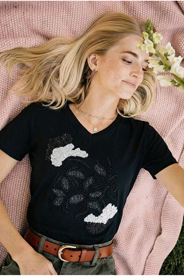 Black 100% Cotton V-Neck T-Shirt with Sequins, Beads and Embroidery