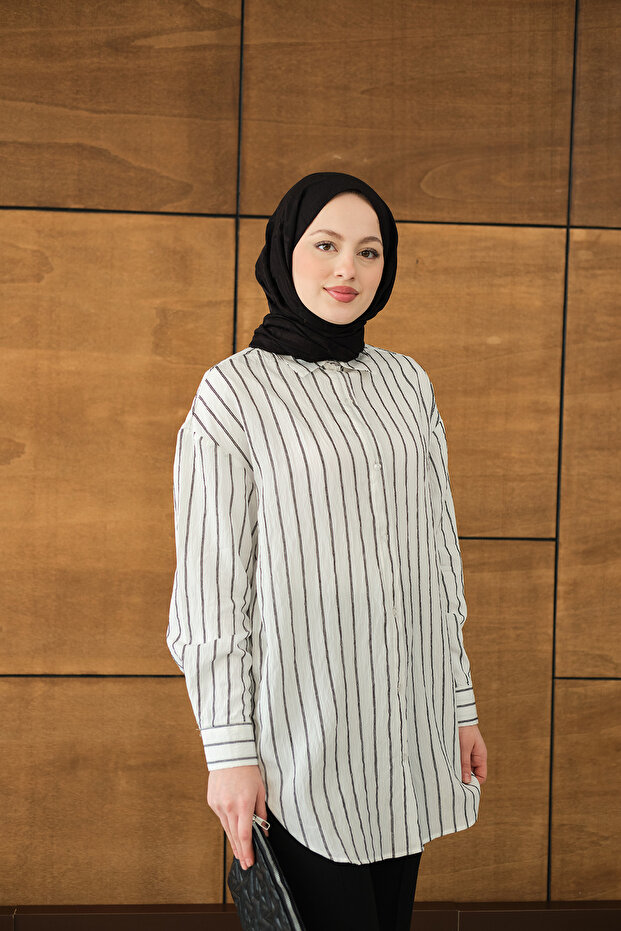 Kadın Çizgili Basic Gömlek Beyaz - 3