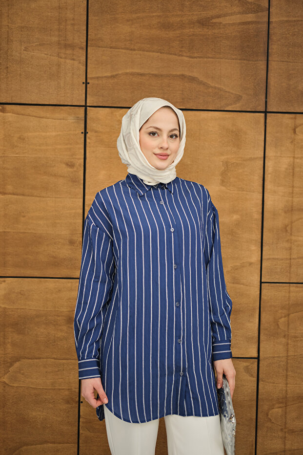 Kadın Çizgili Basic Gömlek Lacivert - 7