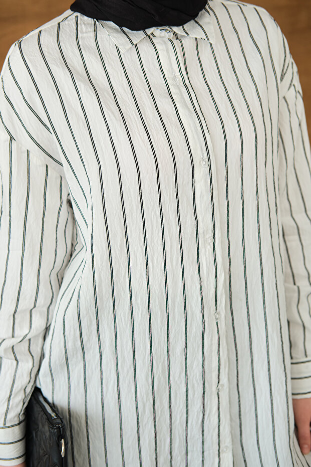 Kadın Çizgili Basic Gömlek Beyaz - 6