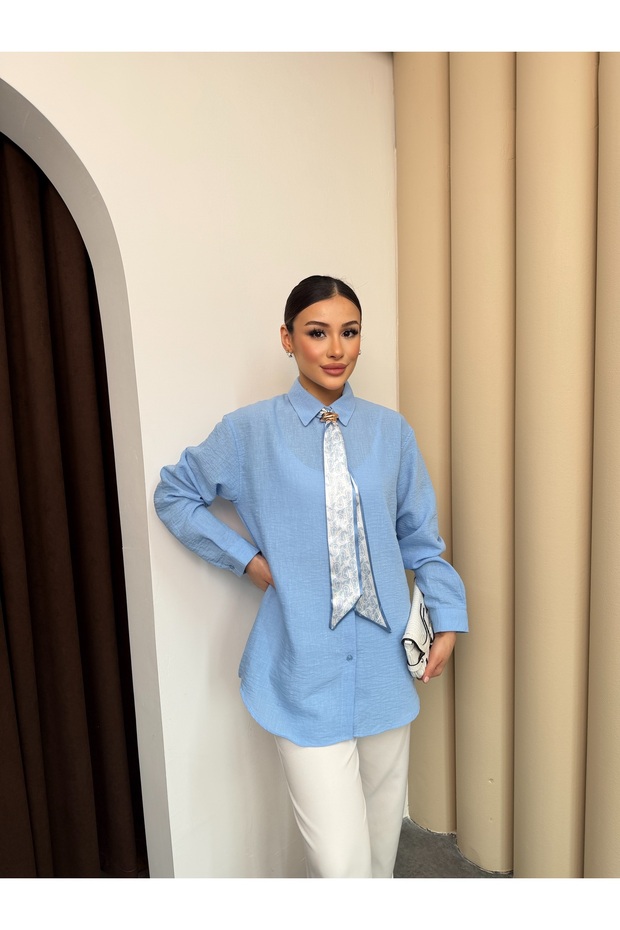 Textured Shirt with Collar Accessories and Scarf Detail 9003 - Blue