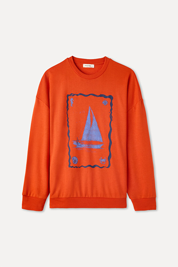 OVERSIZE BASKILI BİSİKLET YAKA SWEATSHIRT - 4