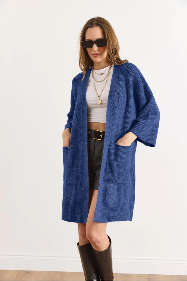 Women's Indigo Soft Textured Knitwear Cardigan with Pockets Hrk-19000424