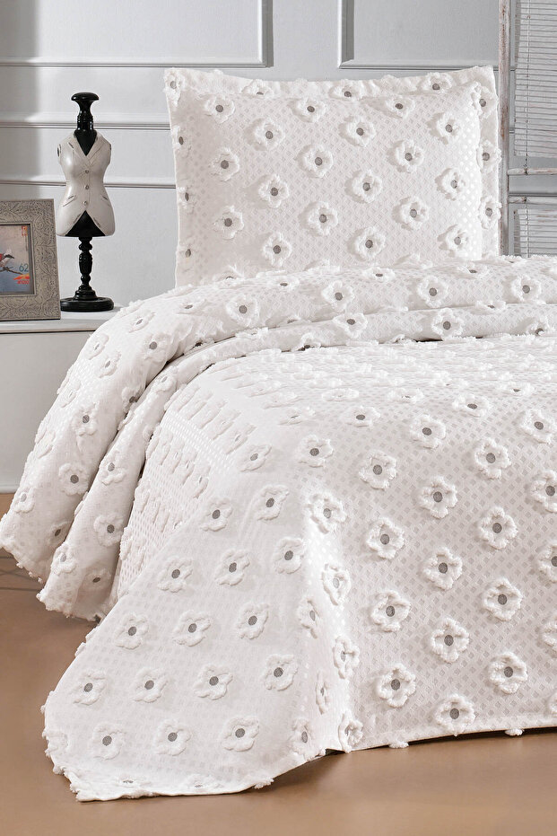 Soft 2-Piece Single Bed Pique Set Ecru Gray with Embroidery