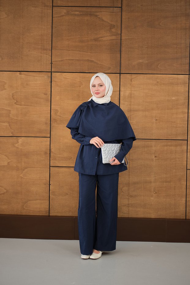 Women's Shawl Detailed Waist Tie Shirt Suit Navy Blue