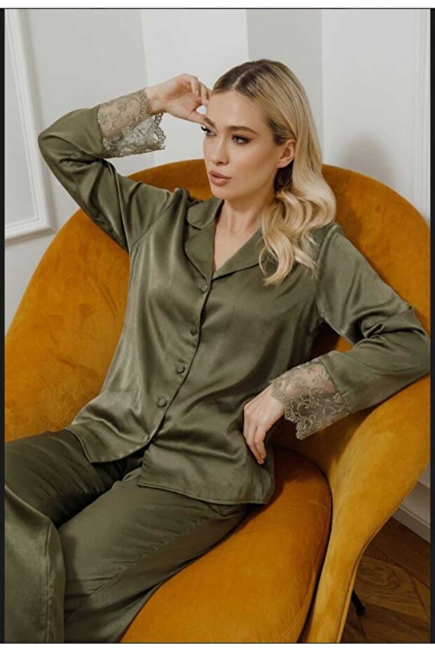 Haki satin, long-sleeved pajama set with lace details.