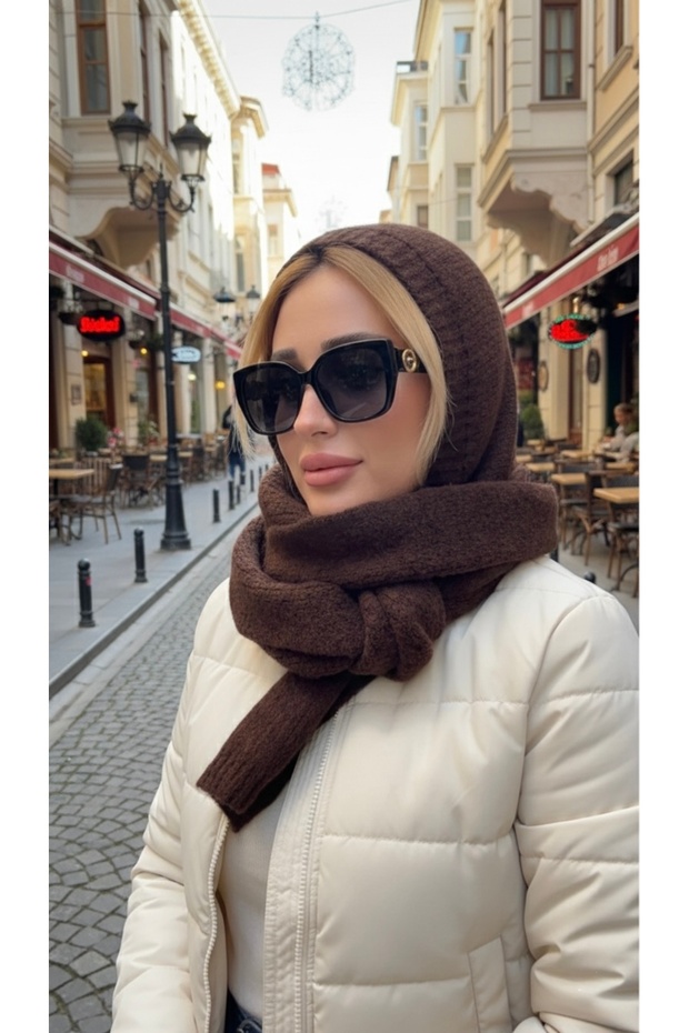 Women's Brown Hooded Knitwear Scarf Soft Textured Long Shawl