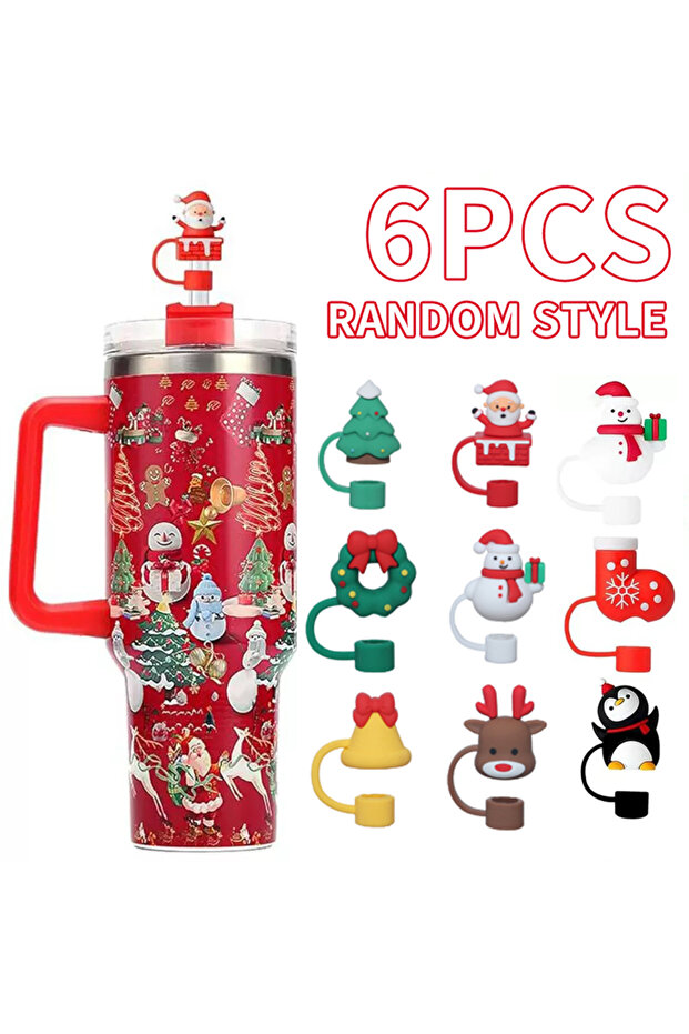 6pcs Random style 1/3/6 PCS Christmas-Style Silicone Straw Covers, Reusable Cute Silicone Straw Tip