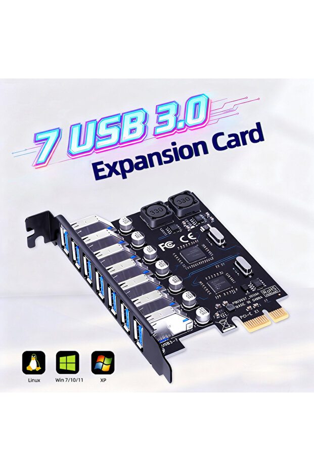 بطاقة توسعة USB 3.2 Gen1 بسبعة منافذ، محول PCIe x1 إلى USB 3.0 بسرعة 5 جيجابت في الثانية لأنظمة ويندوز ولينكس