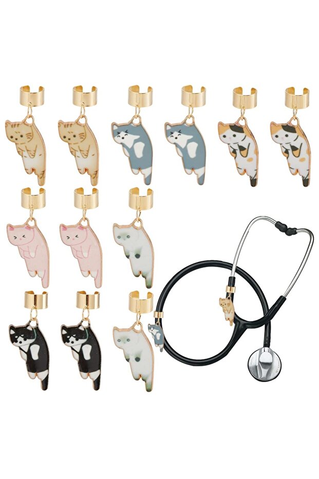 AECH06-15441 12pcs 6 Styles Cat Stethoscope Charms 1.2 Inch Long Alloy Enamel Stethoscope Pendant St