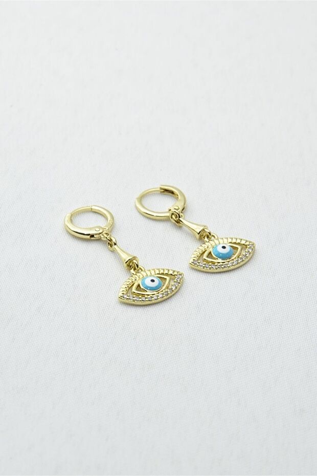 Gold Color Evil Eye Bead Detailed Dangle Hoop Earrings