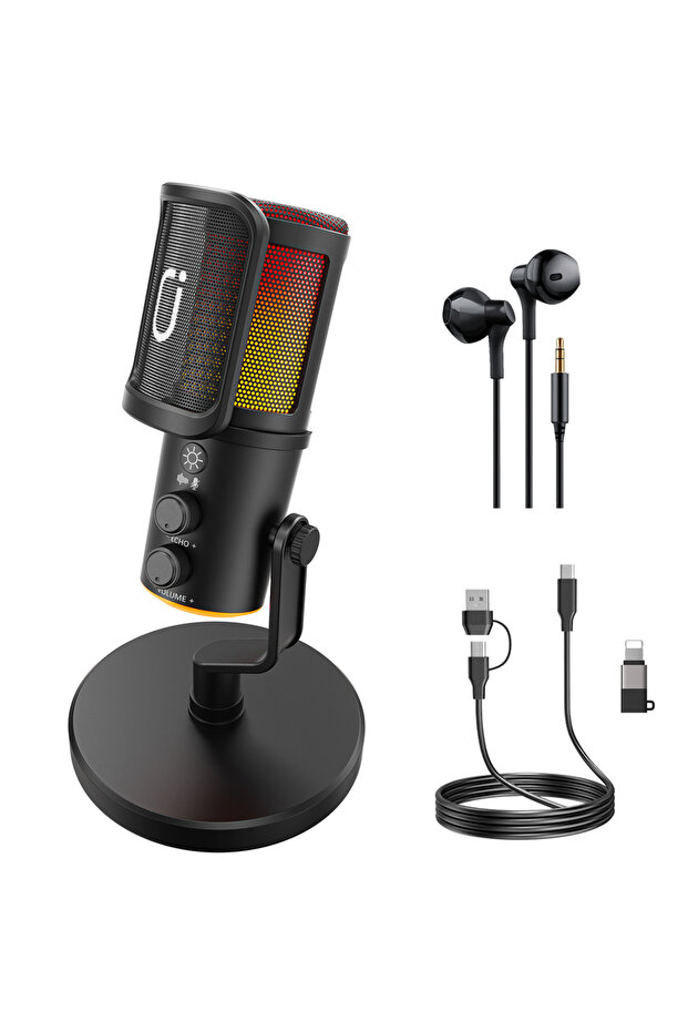 ميكروفون ديناميكي أسود اللون بمنفذ USB/XLR لتسجيل البودكاست، وميكروفون لبث ألعاب الكمبيوتر الشخصي مع إضاءة RGB