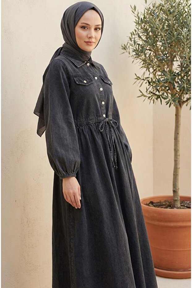 Women's Buttoned Lace-Up Denim Dress - Lvr009