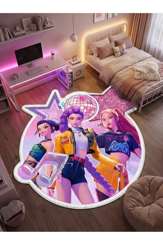 Non-Slip K-Pop Demon Hunters Themed Machine Washable Teen Room Rug 80x80