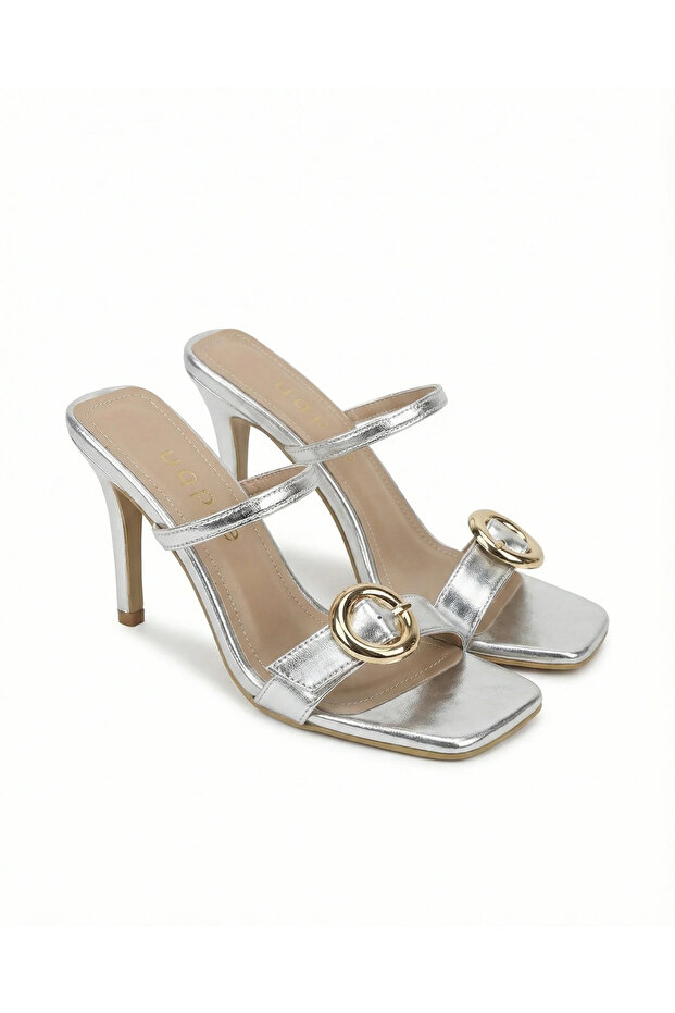 Talya Gold Ring Buckle Goblet Heeled Slippers - Silver Foil