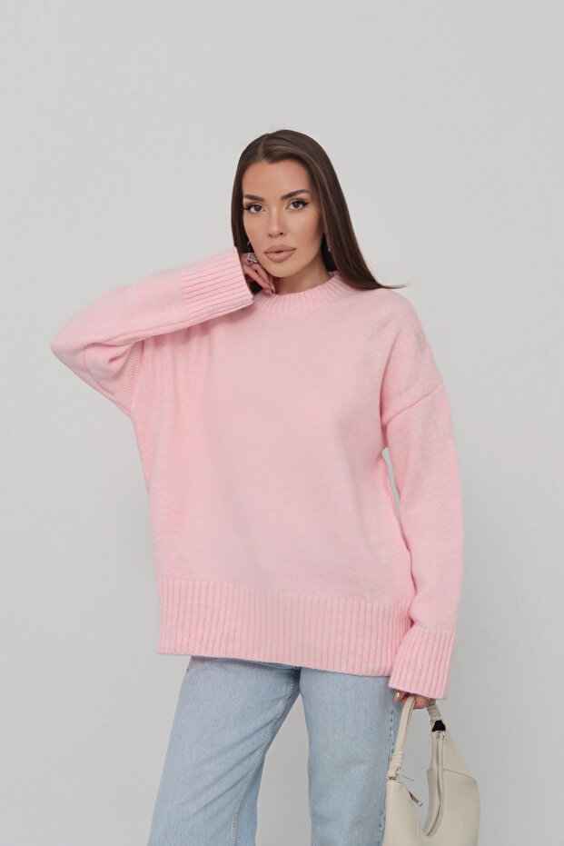 Women's Candy Pink Crew Neck Cotton Textured Long Sleeve Knit Sweater