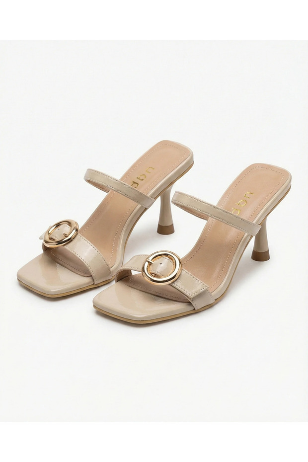 Talya Gold Ring Buckle Goblet Heeled Slippers - Ecru Crinkled