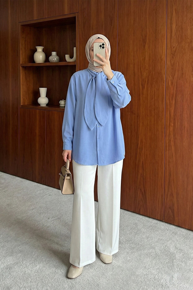 Fularlı Düğmeli Oversize Gömlek - Bebe Mavi - 1
