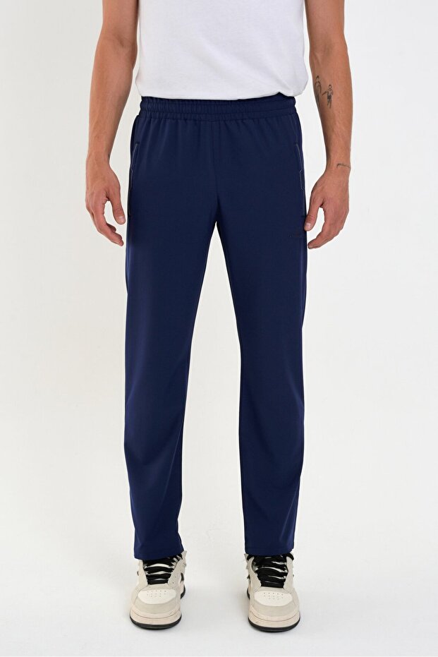 Light Navy Blue Men's Sweatpants with Zipper and Three Pockets, Thin Draped Fabric, Comfortable Fit, Classic Leg