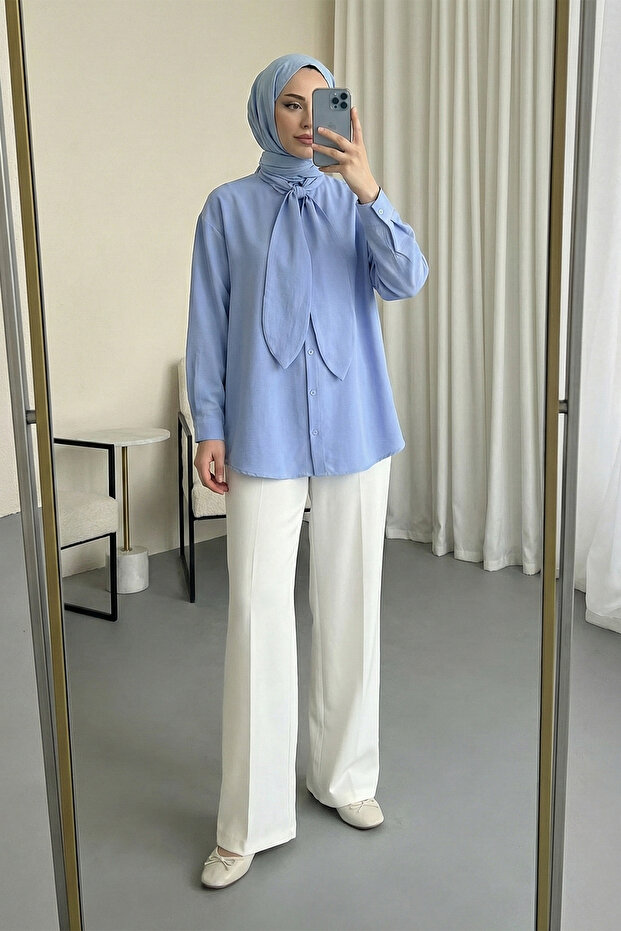 Fularlı Düğmeli Oversize Gömlek - Bebe Mavi - 2