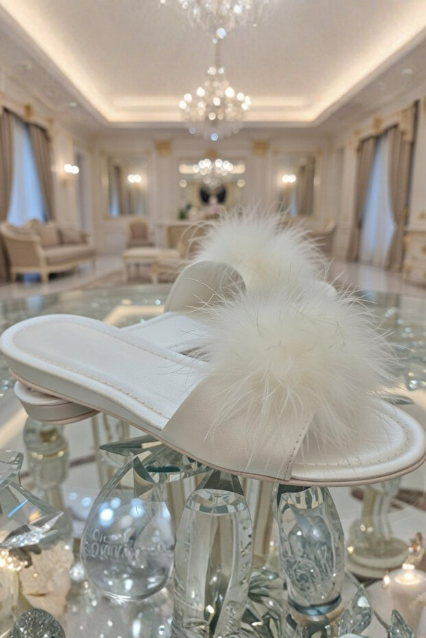 Bridal Slippers: Pearl-Embellished Dowry Slippers with Feathered Heels and Flat Options