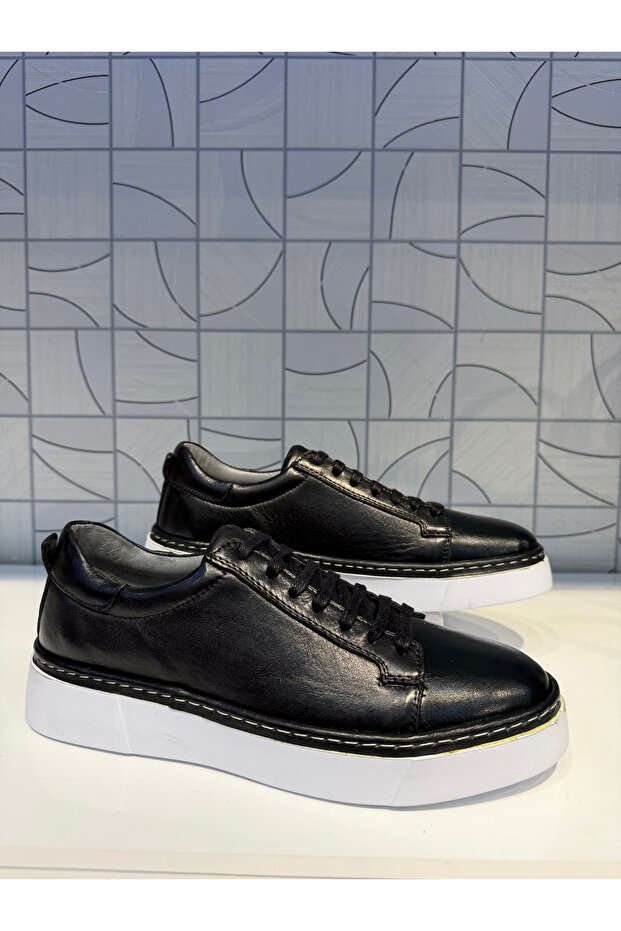 St 818 Men's Black Genuine Leather Soft Comfortable White Sole Daily Sneaker Casual Shoes