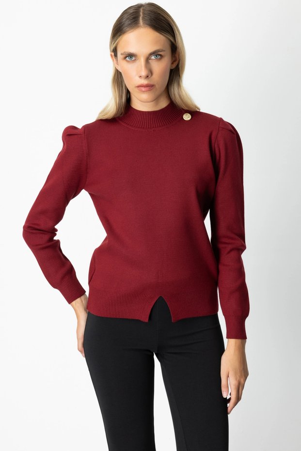 Women's Buttoned Shoulder Detailed Burgundy Sweater 65331