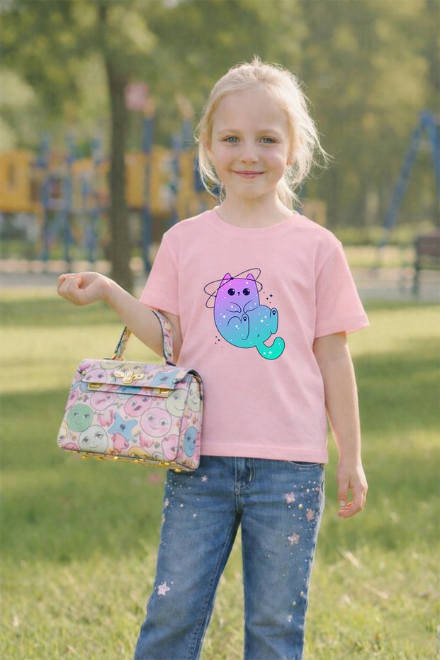 Children's Printed T-Shirt Unisex 100% Cotton Comfortable Fit Blue Cat Printed T-Shirt