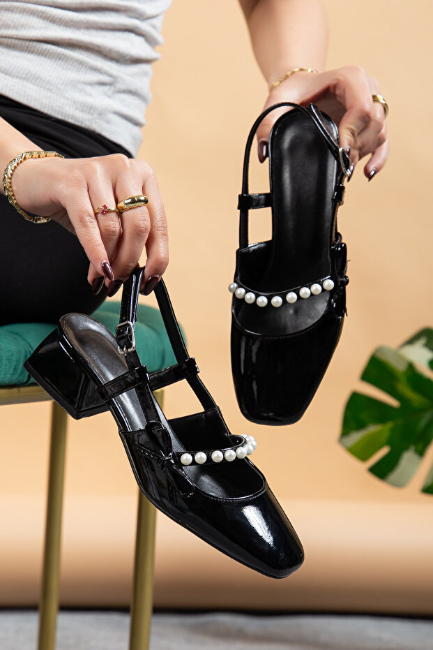 Black Patent Leather with Pearls Open Back Closed Square Women's Shoes