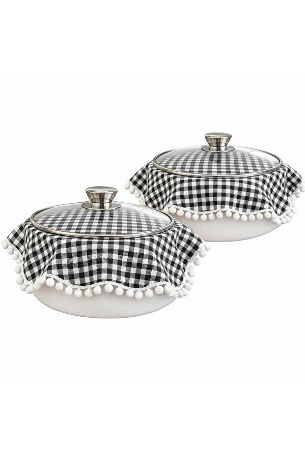 2 Pieces of Pilaf Cooking Cover 38*38 cm Red Gingham Pot Cover - with Pompom Edges