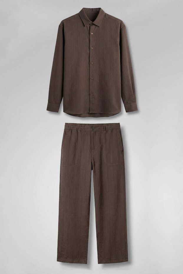Men's Baggy Striped 100% Cotton Shirt and Trousers Two-Piece Set Brown