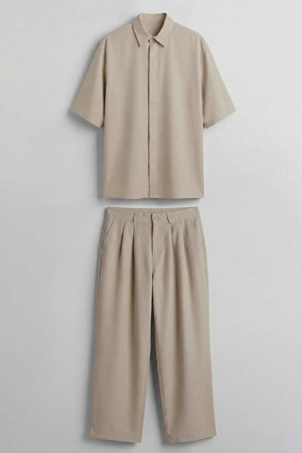 Men's Oversize Breathable Shirt and Pants Two-Piece Set Beige