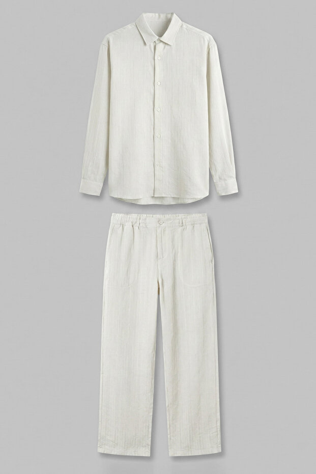Men's Baggy Striped 100% Cotton Shirt and Trousers Two-Piece Set White
