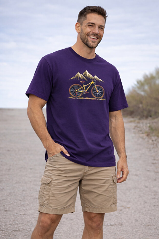 Mountain and Bicycle Printed Cotton Relaxed Fit Round Neck Unisex T-Shirt